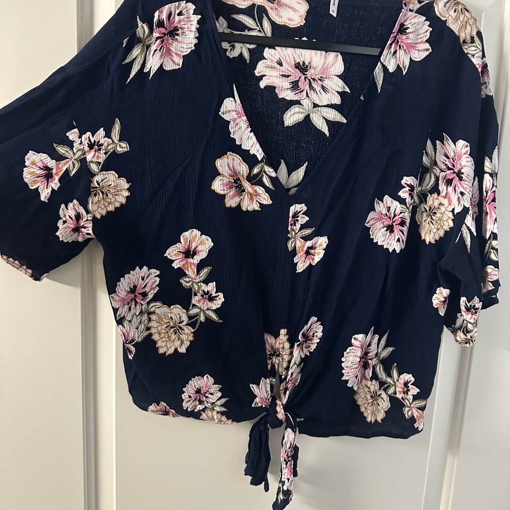 Pink and Blue Floral Tie Front Crop Blouse